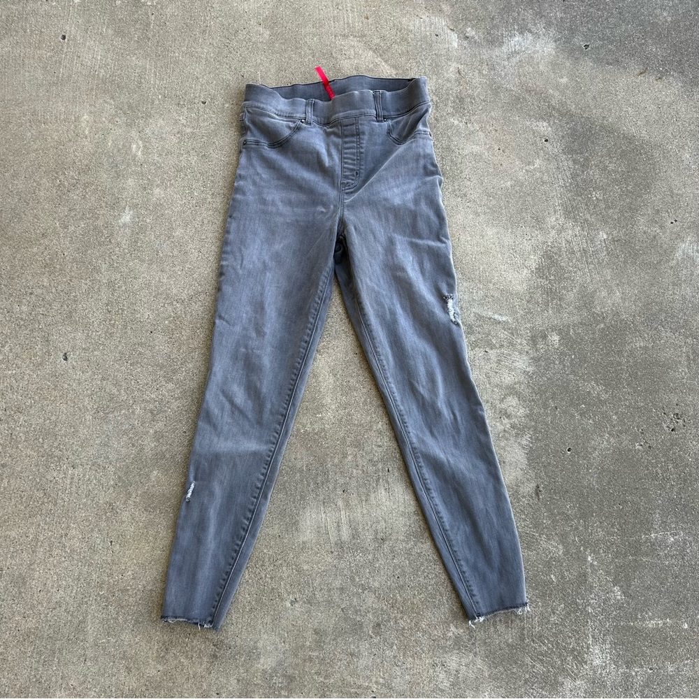 Spanx Pull On Gray Denim Skinny Jeans Size L Large Distressed